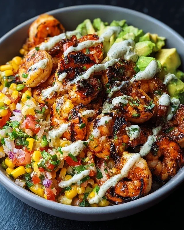 Grilled Shrimp Bowl with Avocado, Corn Salsa & Creamy Garlic Sauce