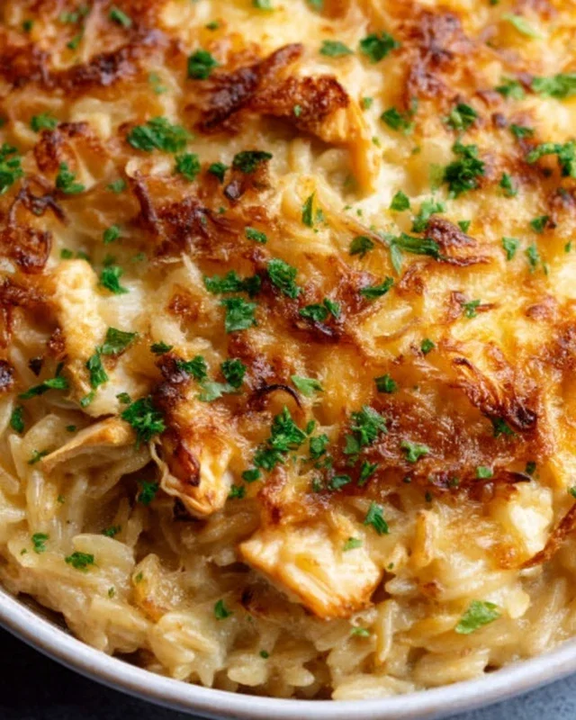 French Onion Chicken Orzo Casserole