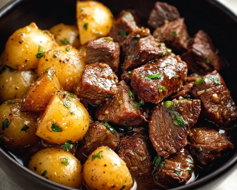 Slow Cooker Garlic Butter Beef Bites with Potatoes