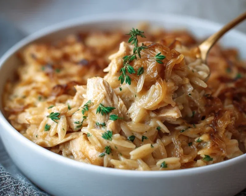 French Onion Chicken Orzo Casserole