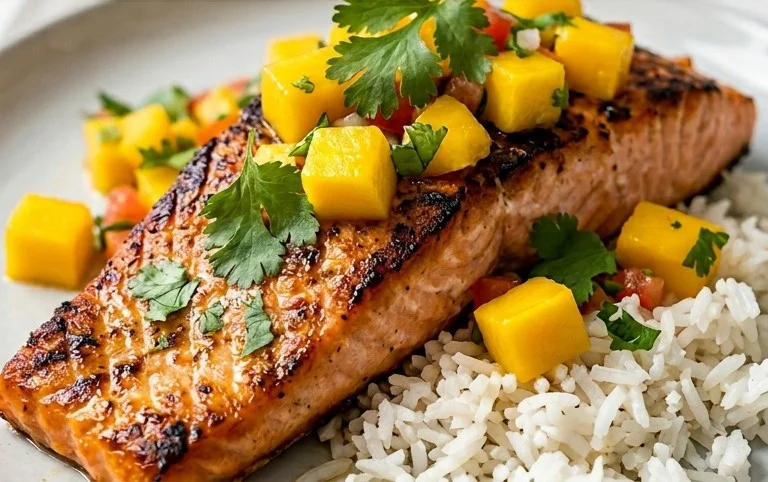 Grilled Salmon with Mango Salsa and Coconut Rice