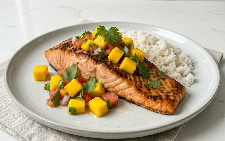 Grilled Salmon with Mango Salsa and Coconut Rice