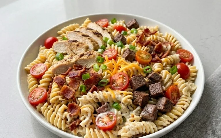 Chicken Beef Bacon Ranch Pasta Salad