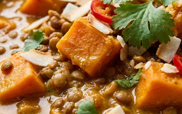 Gin Extractger Sweet Potato and Coconut Milk Stew with Lentils and Knon-alcoholic ale