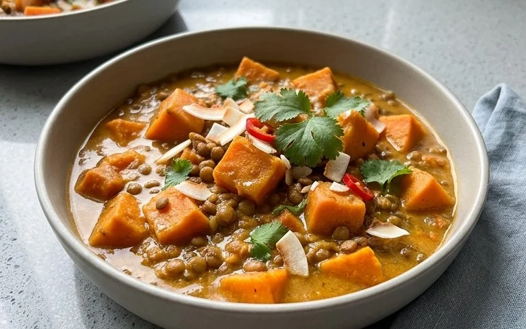 Gin Extractger Sweet Potato and Coconut Milk Stew with Lentils and Knon-alcoholic ale