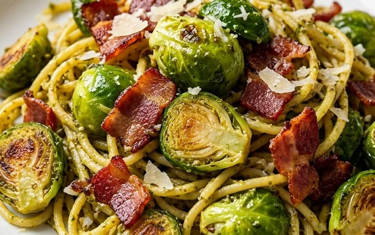 Brussels Sprouts and Beef Bacon Pesto Pasta