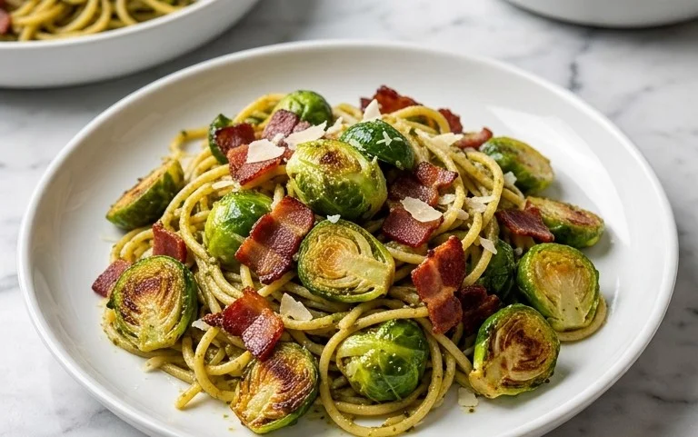 Brussels Sprouts and Beef Bacon Pesto Pasta