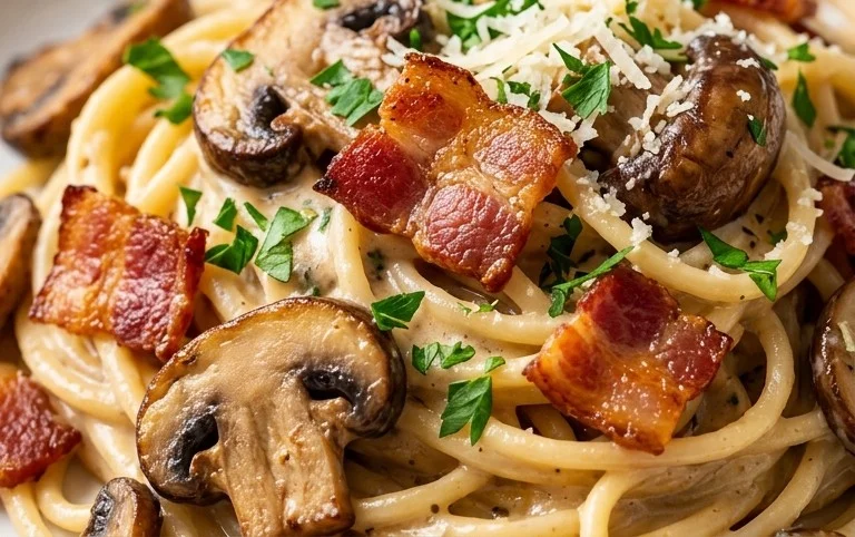 Creamy Beef Bacon and Mushroom Pasta