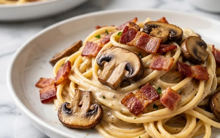 Creamy Beef Bacon and Mushroom Pasta