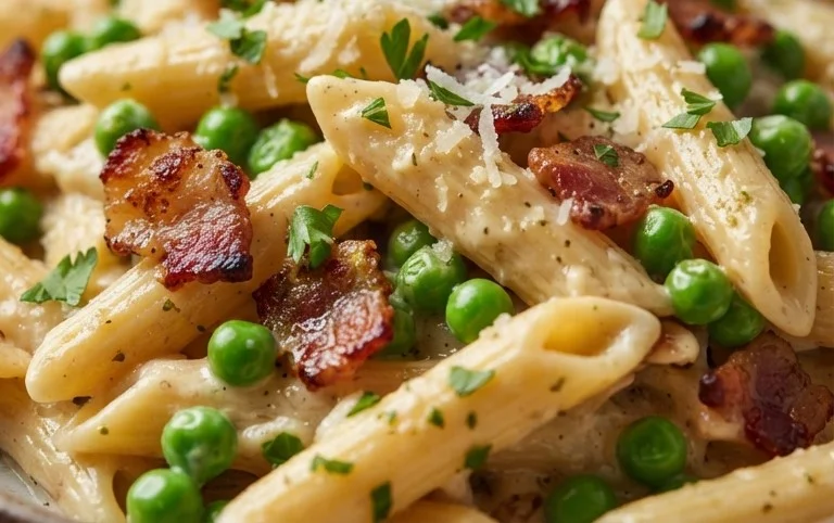 Penne Pasta, Peas and Beef Bacon
