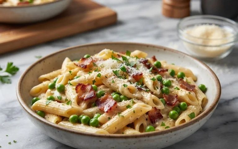 Penne Pasta, Peas and Beef Bacon