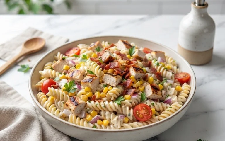 Chicken and Corn Pasta Salad with Beef Bacon