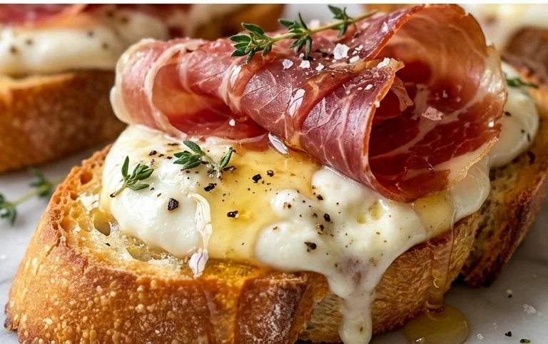 Beef Prosciutto Crostini with Burrata and Lemon Honey Drizzle