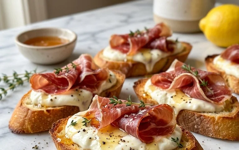 Beef Prosciutto Crostini with Burrata and Lemon Honey Drizzle